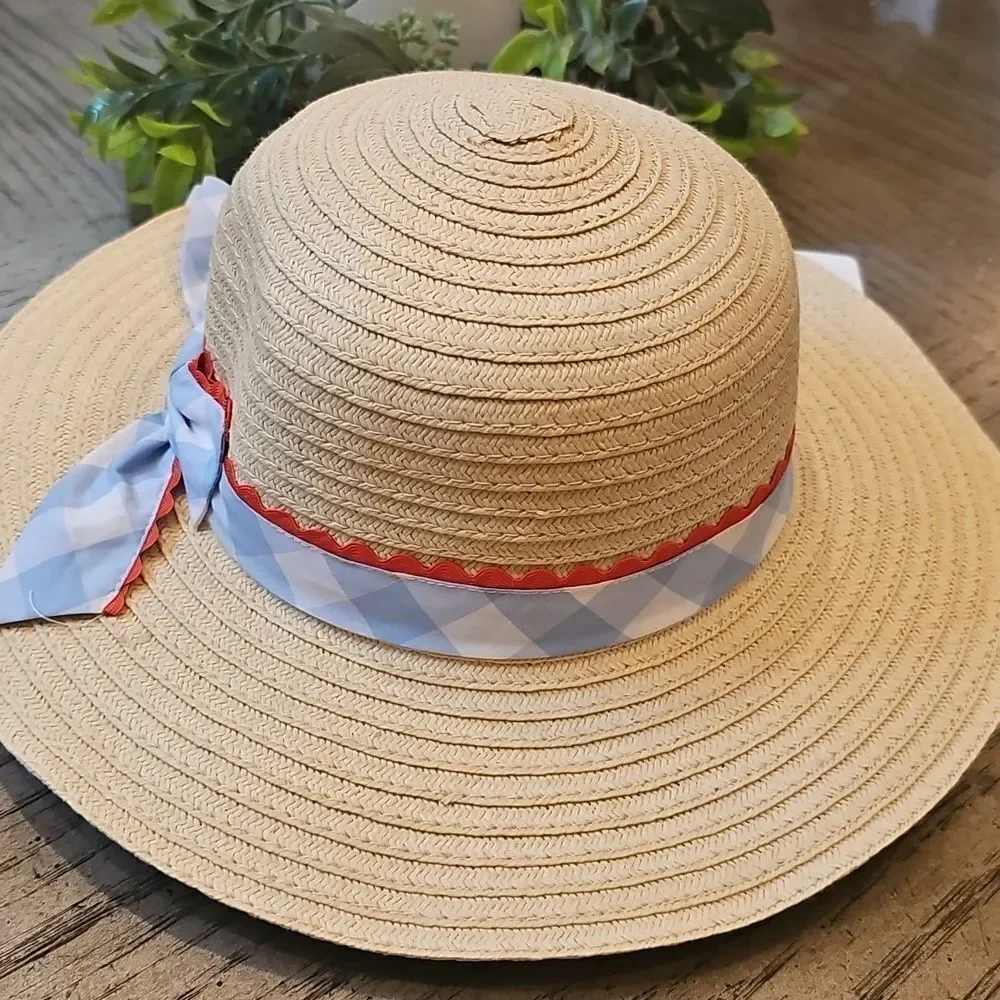 Straw Sun Hat with Blue Gingham Bow Girls OSFA